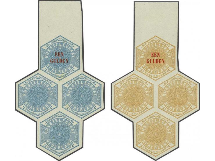 Ongetande kleurproeven in oranjebruin en blauw in blokken van 4 waarin telkens 1 ex. met waardeinschrift 50 cent en 3 ex. zon