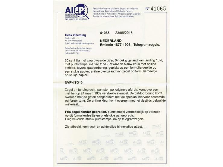 60 cent lila en zwart met puntstempel 84 - Onderdendam - op fragment, pracht ex. met certificaat Vleeming 2018: Zegel en tand