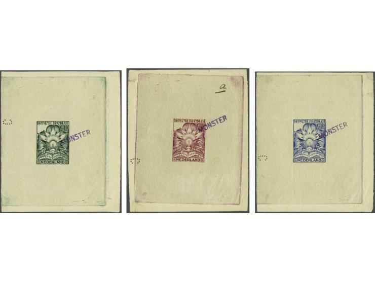 Stempelproef van de 1½ gulden zonder waardeinschrift in de kleuren donkergroen, ultramarijn en paars in velletjes van ca. 78x