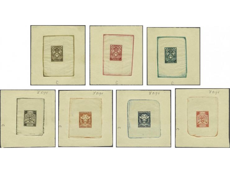 Stempelproeven in de gekozen kleuren 15 cent t/m 7½ gulden, elk in velletje van ca. 90x100 mm met aan 4 zijden verhoogde rand