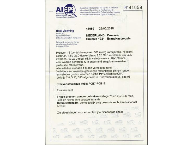 Stempelproeven in de gekozen kleuren 15 cent t/m 7½ gulden, elk in velletje van ca. 90x100 mm met aan 4 zijden verhoogde rand