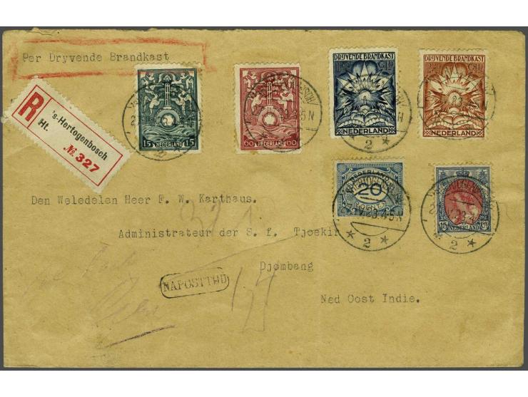 15 cent blauwgroen, 60 cent karmijnroze, 1½ gulden donkerblauw en 2¼ gulden roodbruin op aangetekende filatelistische envelop
