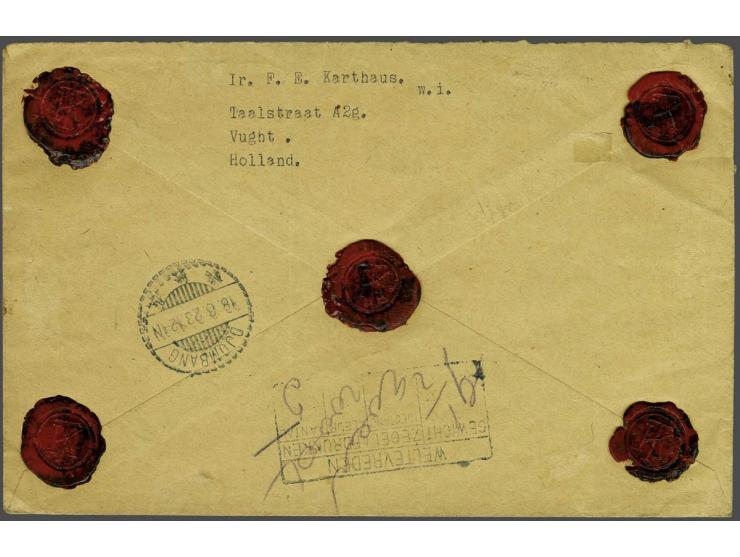 15 cent blauwgroen, 60 cent karmijnroze, 1½ gulden donkerblauw en 2¼ gulden roodbruin op aangetekende filatelistische envelop