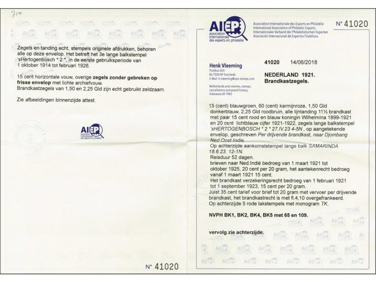 15 cent blauwgroen, 60 cent karmijnroze, 1½ gulden donkerblauw en 2¼ gulden roodbruin op aangetekende filatelistische envelop