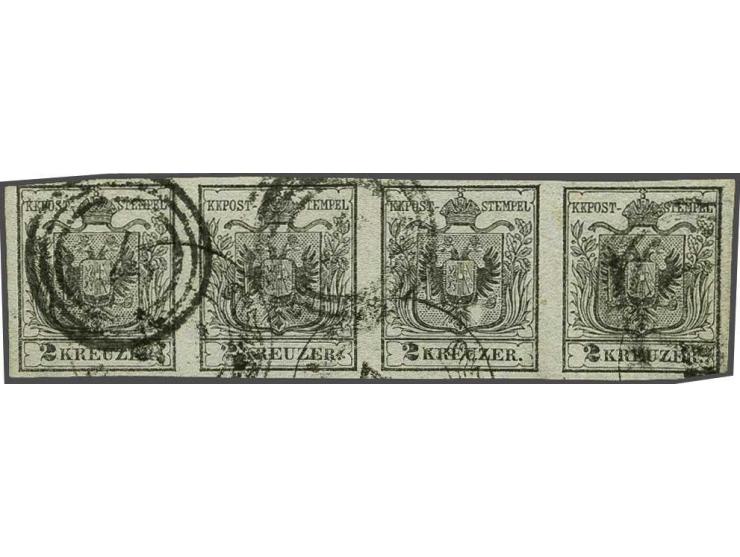 Coat of Arms 2 kreuzer black first printing on handmade paper in strip of 4, third stamp with plate error white spot near eag