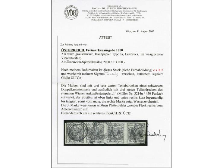 Coat of Arms 2 kreuzer black first printing on handmade paper in strip of 4, third stamp with plate error white spot near eag