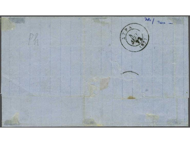 10 soldi blue and large Hermes head 20 lepta blue on folded letter without content from Scio-Cesme (Chios) 12-12-1872 to Syro