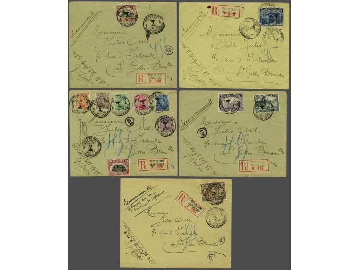 12 verschillende waarden emissie Londen 1915 w.b. 5 franken nr. 147 en 10 frank nr. 149 op 5 aangetekende filatelistische env