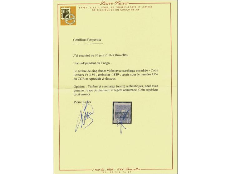Leopold II 5 frank violet met opdruk Colis Postaux Fr. 3,50 in kastje, vrijwel pracht ex. met certificaat Pierre Kaiser 2016: