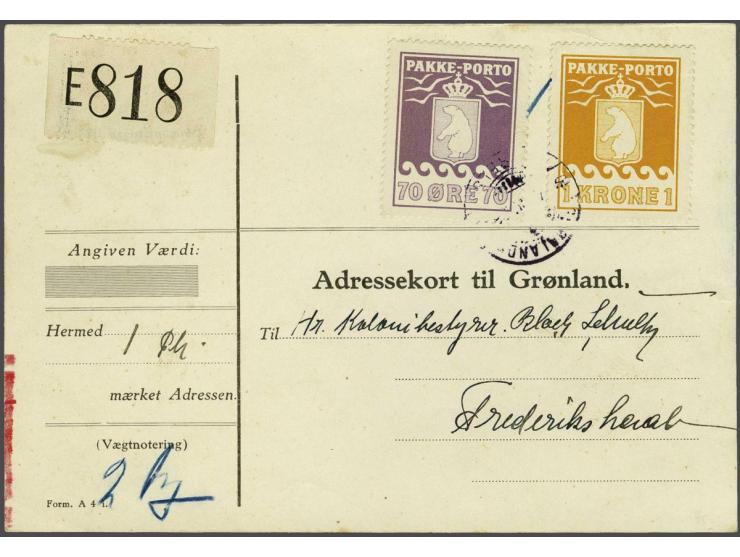 Pakkeporto 70 øre deep red violet and 1 krone yellow orange on parcel card Valby - Frederikshaab 4-4-1938, correct rate for p