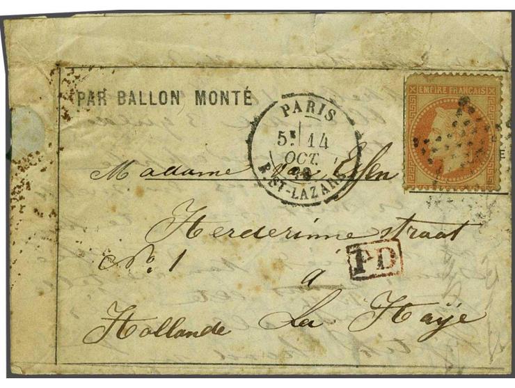 Napoleon III 40 centimes orange on lettersheet  from Paris 14-10-1870 per Ballon Monté Jules Favre No. 1 via Chimay in Belgiu