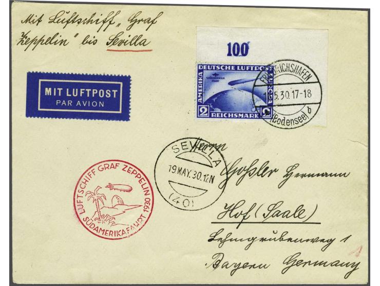Südamerikafahrt 1930. 2 mark corner marginal on cover 18-5-1930, stage Friedrichshafen-Sevilla, with all the relevant cachets