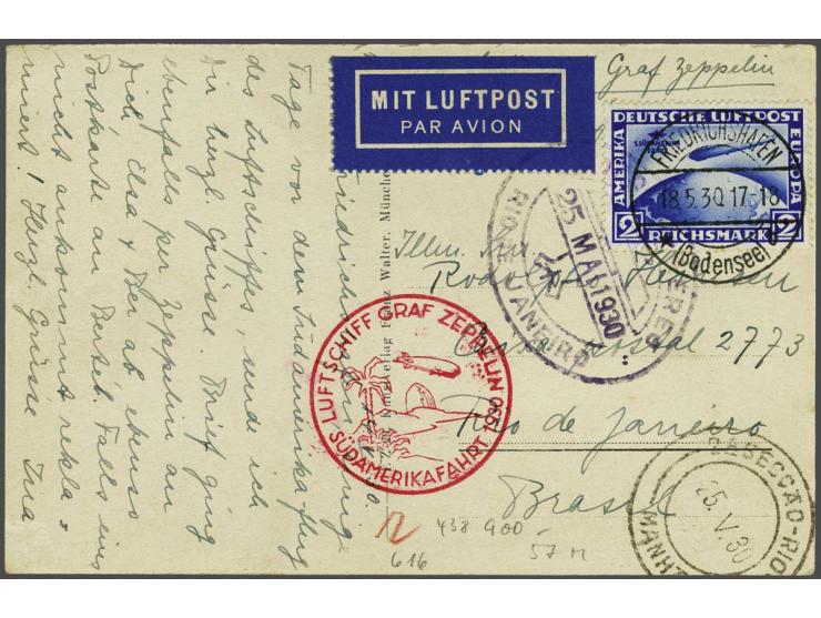 Südamerikafahrt 1930. 2 mark blue on picture postcard 18-5-1930, stage Friedrichshafen-Rio de Janeiro, with all the relevant 