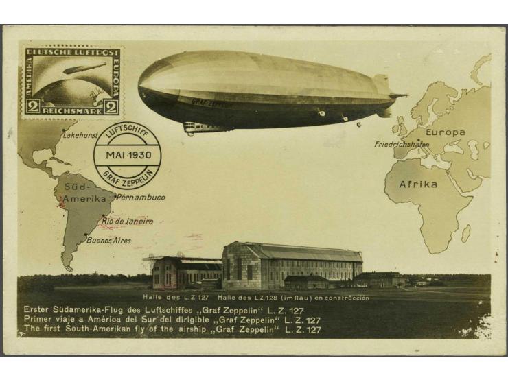 Südamerikafahrt 1930. 2 mark blue on picture postcard 18-5-1930, stage Friedrichshafen-Rio de Janeiro, with all the relevant 