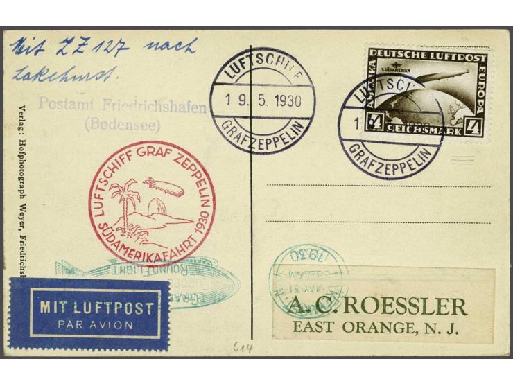Südamarikafahrt 1930. 4 mark brown on picture postcard 19-5-1930, stage Friedrichshafen-Lakehurst, with all the relevant cach
