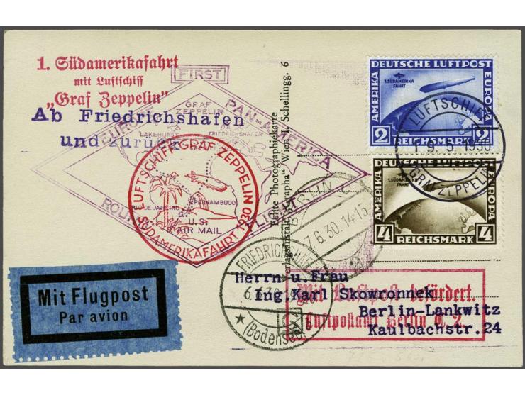 Südamerikafahrt 1930, 2 mark blue and 4 mark brown on picture postcard 19-5-1930, stage Friedrichshafen-Friedrichshafen, with