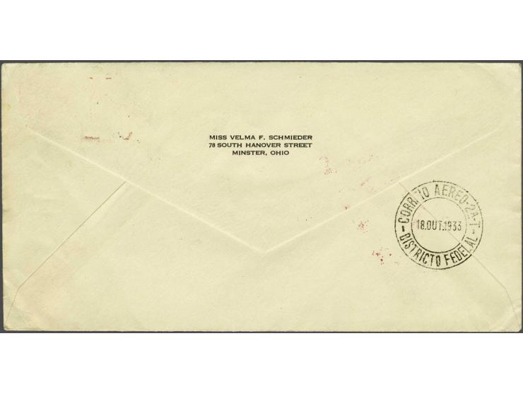 Chicagofahrt 1933. 2 mark blue on cover Friedrichshafen 14-10-1933 via Rio de Janeiro to Minster, Ohio (USA), very fine