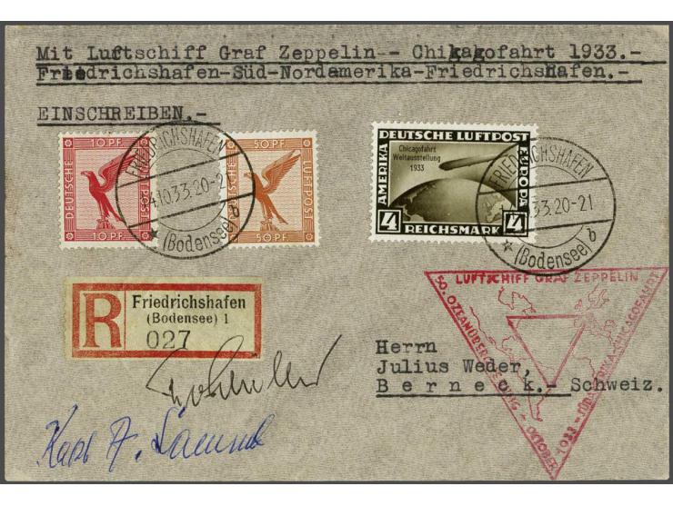 Chicagofahrt 1933. 4 mark brown on cover to Switzerland, stage Friedrichshafen-Friedrichshafen, signed by crew members Albert