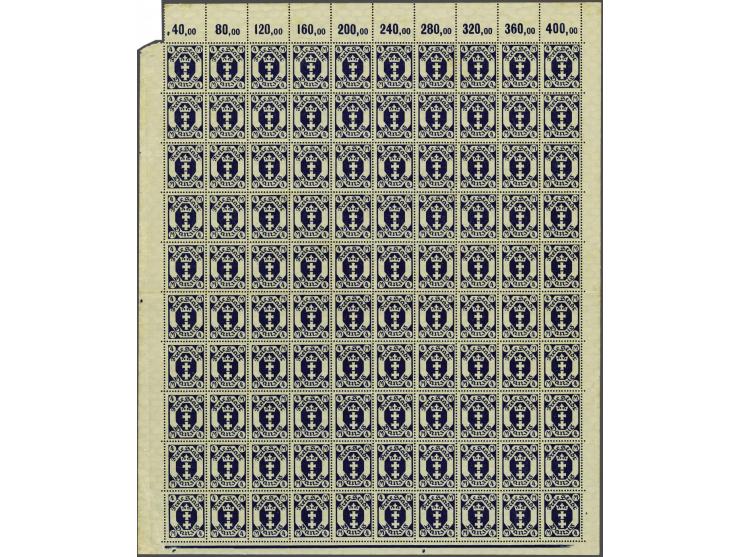 4 M schwärzlichultramarin ohne Rosettenunterdruck, full sheet of 100, mint never hinged (small part sheet margin missing), Mi