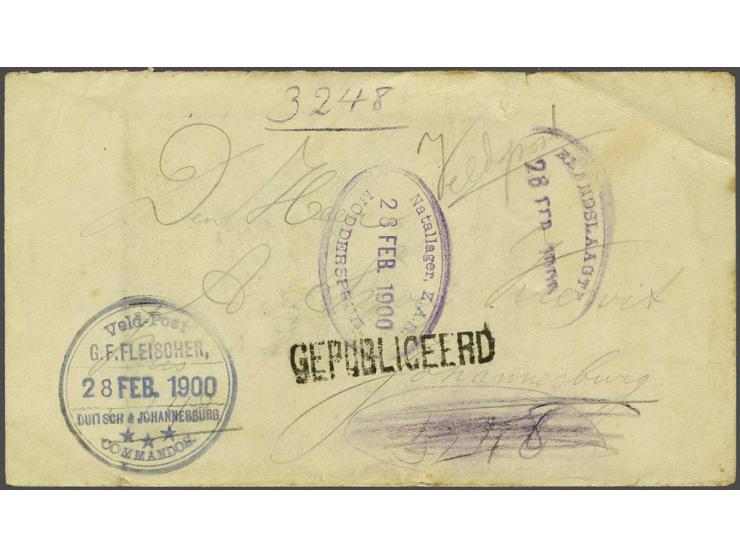 Boer War. Unfranked cover 28-2-1900 to Johannesburg with oval cachets Elandslaagte and Natallager Z.A.R. Modderspruit in viol