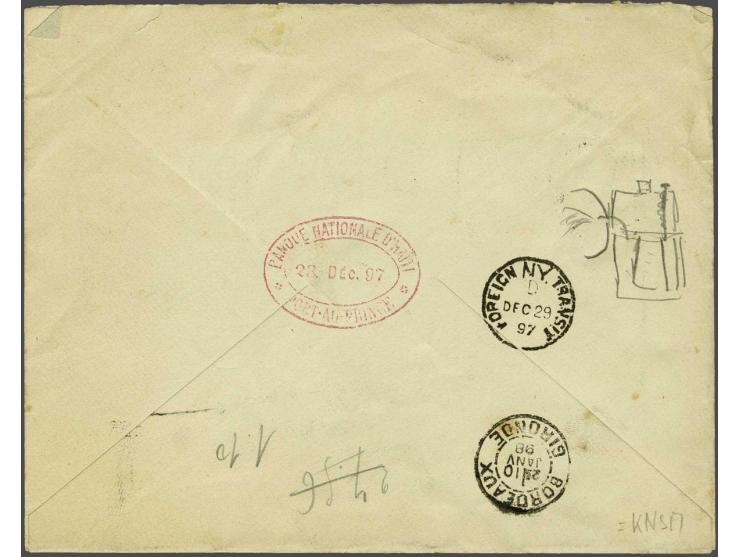 2 cent brownrosa (2 singles and strip of 3) on letter Banque Nationale d'Haïti Port-au-Prince 23 dec 97, transit New York to 