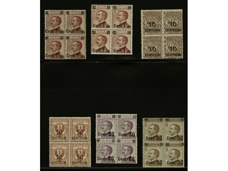 Overprints 7½ t/m 50 cents (7½ cents in both types) in blocks of 4, very fine unmounted mint, cat.v. 485 (Sassone nrs. 135-14