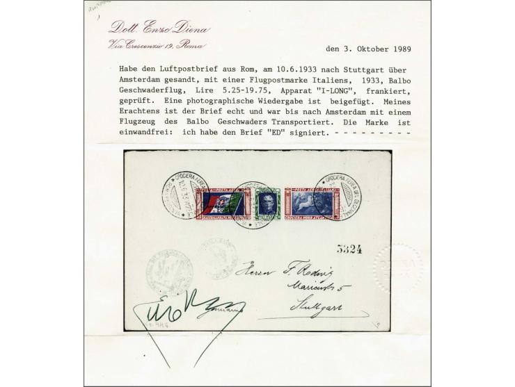 Airmail. Triptych Balbo-flight 19,75 lire pilot Ulisse Longo on cover 10-6-1933 carried on the stage Rome-Amsterdam to Stuttg