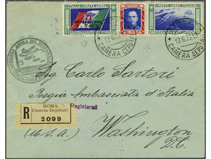 Airmail. Triptych Balbo-flight 44,75 lire pilot Umberto Nannini on registered cover 13-6-1933 carried on the first stage from