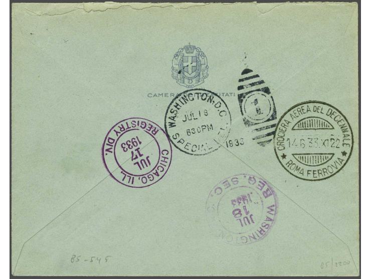 Airmail. Triptych Balbo-flight 44,75 lire pilot Umberto Nannini on registered cover 13-6-1933 carried on the first stage from