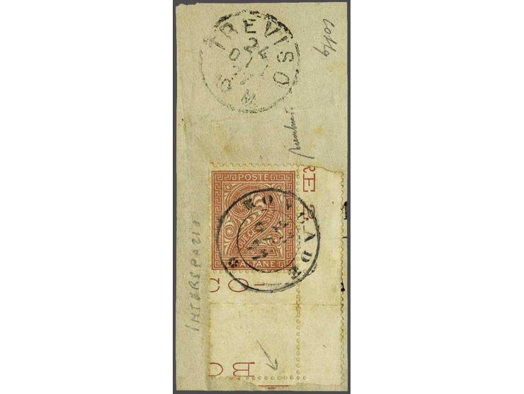 2 centesimi cancelled Roncade 23-10-1877 on piece, gutter pair with only tiny part of the adjacent stamp at right, very rare,