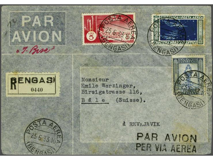 Airmail. Balbo-flight 19,75 lire on registered cover from Bengazi 25-6-1933 over Rome and Amsterdam to Basel, Switzerland. Fi