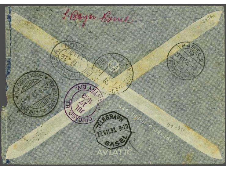 Airmail. Balbo-flight 44,75 lire on registered cover from Tripoli 26-6-1933 over Rome, Basel, Chicago and New York to Cartwri
