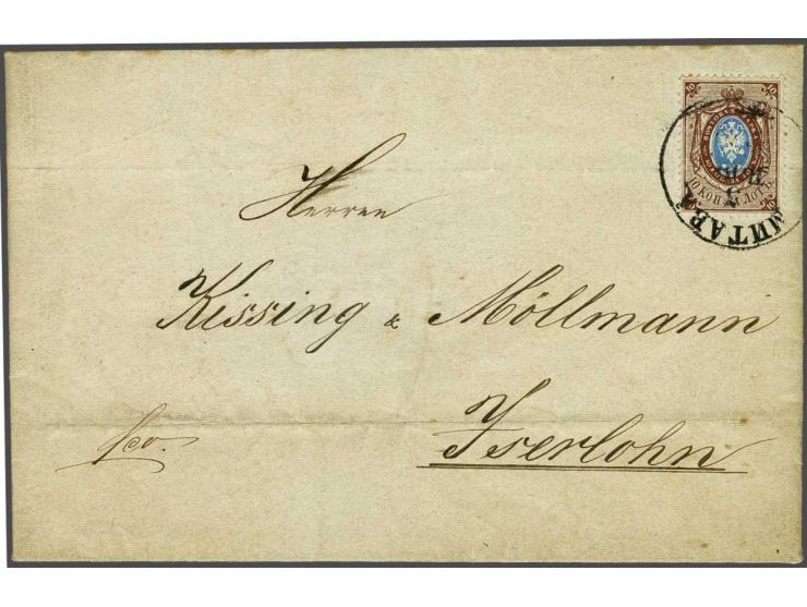 Russia 10 kop. brown and blue perf.14½x15, horizontal laid paper on complete letter from Mitau (Jelgava) 4-11-1874 to Iserloh