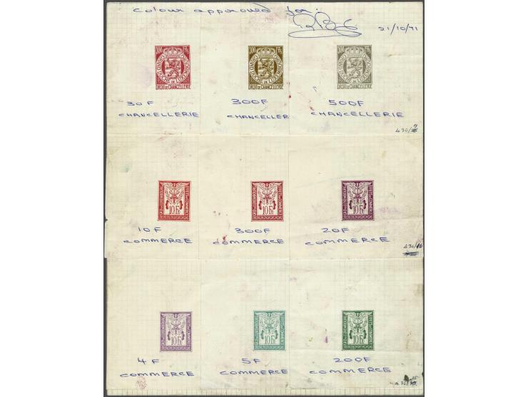 6 imperferated colour proofs 10 Fr effets de commerce (different colours) and 3 imperforated colour proofs 30, 300 and 500 Fr