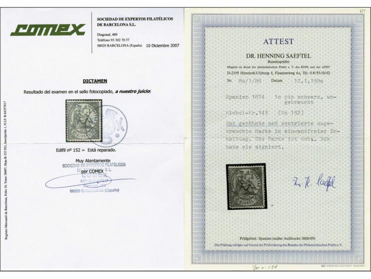Justicia 10 pesetas black without gum, repaired with 1980 Henning Saeftel and 2007 Comex certificates, cat.v. (3200)