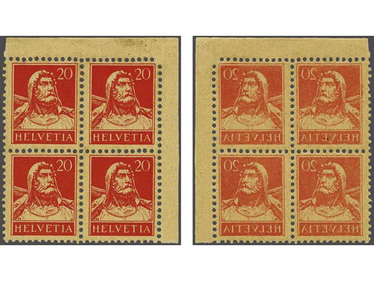 Wilhelm Tell 20 centimes orange red on yellow orange with variety complete mirrorprint at reverse in block of 4 with sheet co
