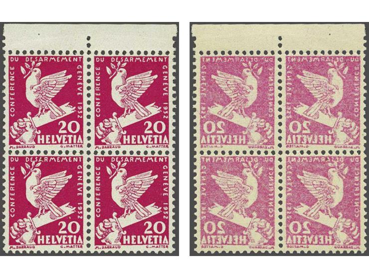 Pigeon with broken Sword 20 centimes carmine lilac with variety complete mirrorprint at reverse in block of 4 with sheet marg