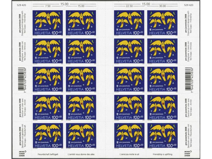 Pro Juventute 2008 85 - 100 centimes in complete minisheets of 20 including 5 pairs with interpanneau, cat.v. CHF 2535 (Zumst