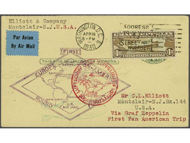 Pan-America Flight of the Graf Zeppelin 1930. $ 1,30 brown on card to Montclair, N.J. with special cachet type I and first da