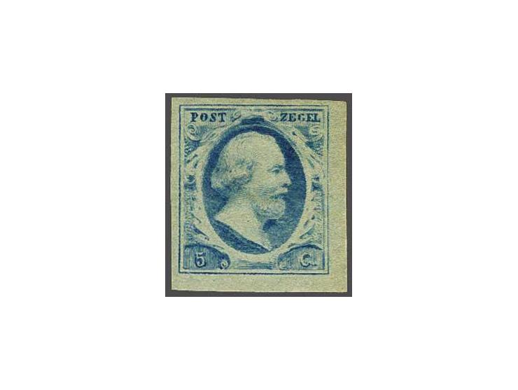 5 cent blauw plaat IV pos. 75, pracht ex. met volle originele gom (iets getint) en miniem hoekvouwtje en gesigneerd Koopman