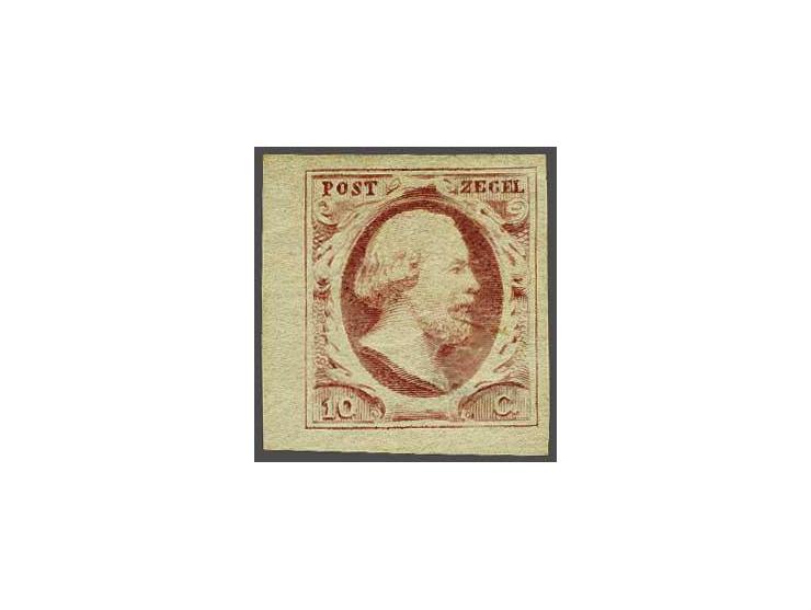 10 cent karmijn plaat I pos. 21 met hoekvelrand, pracht ex. met volle originele gom