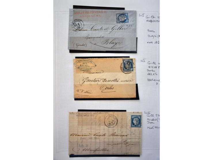 40 poststukken met 25 centimes Yv. nr. 60B (blauw driehoekje rechtsboven) w.b. plaatfouten en stempels op bladen