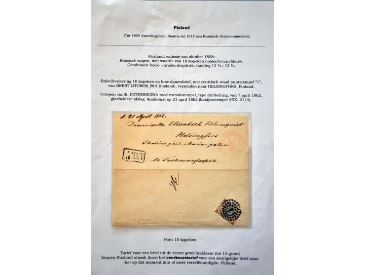 6 poststukken met serpentine-tandingen en damesbriefje naar Helsingfors 1862 met 10 kopeken bruin en blauw Rusland
