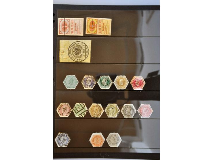 collectie telegram- en telefoonzegels met beter materiaal (o.a. Nederland TG7 met gebreken) op insteekbladen