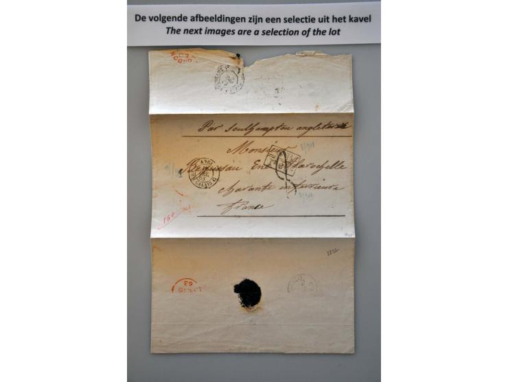 ca. 27 brieven en postwaardestukken, w.b. vouwbrief met rondstempel British Post Office via Southampton , Londen naar Frankri