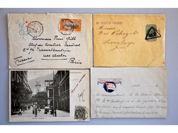 60 per schip verzonden poststukken w.b. Franse Ligne stempels, paquebot stempels, prentbriefkaarten etc.