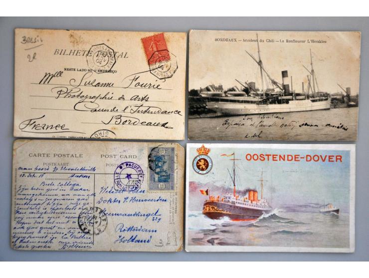 60 per schip verzonden poststukken w.b. Franse Ligne stempels, paquebot stempels, prentbriefkaarten etc.