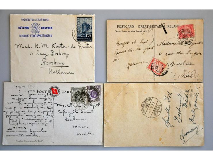 60 per schip verzonden poststukken w.b. Franse Ligne stempels, paquebot stempels, prentbriefkaarten etc.