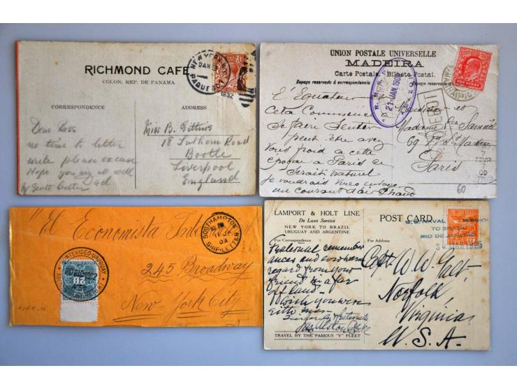 60 per schip verzonden poststukken w.b. Franse Ligne stempels, paquebot stempels, prentbriefkaarten etc.