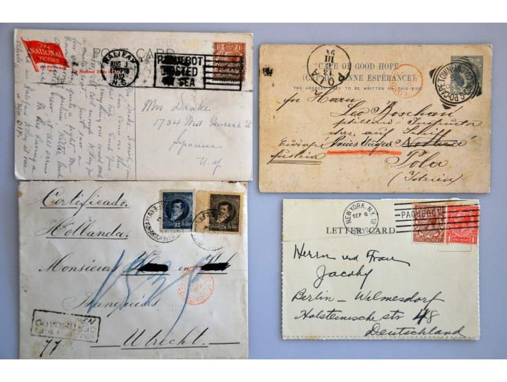 60 per schip verzonden poststukken w.b. Franse Ligne stempels, paquebot stempels, prentbriefkaarten etc.
